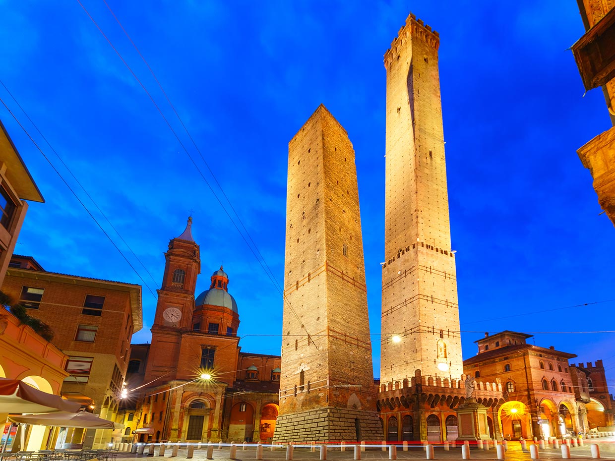 Two Towers, Asinelli and Garisenda, both of them leaning, symbol of Bologna