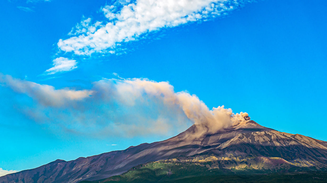 Overview of Mount Etna in Sicily during an eruption