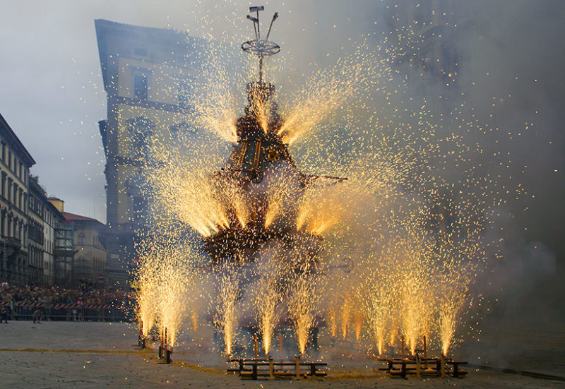 Lighted "Fire carriage" in easter parade celebration, Florence, Italy. Celebration "Scoppio del Carro"