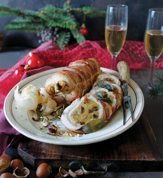 Rolled turkey breast with hazelnut and raisin stuffing