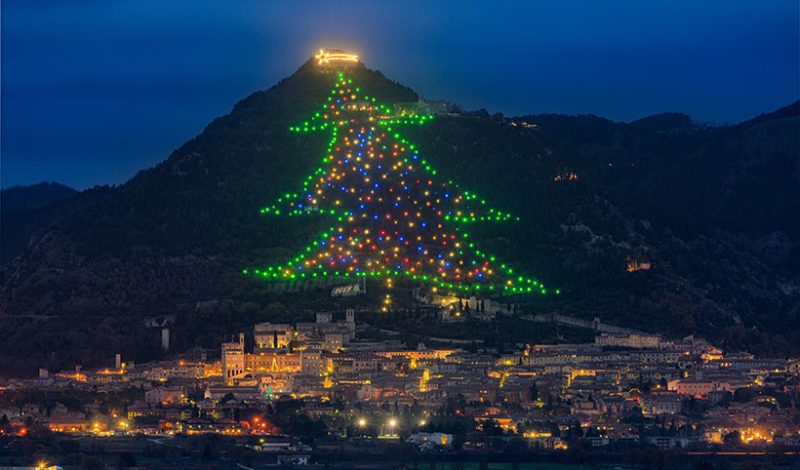 The famous Gubbio Christmas Tree, the biggest Christmas Tree in the world. Province of Perugia, Umbria, Italy